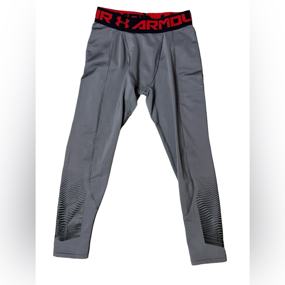 Under Armor Tights, Youth Sz Small, Gray with Black & Red Elastic Waistband EUC